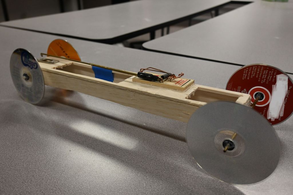 The mouse trap cars are made out of simple parts.