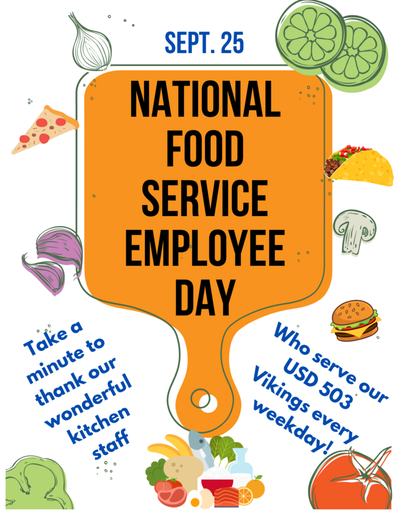 A flyer with a cutting board and veggies announcing National Food Service Employee Day.