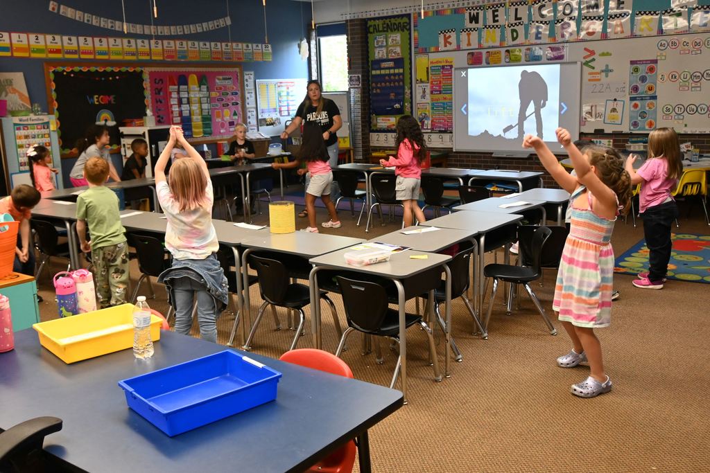 Students use their bodies to act out movements of push., pull  and lift.
