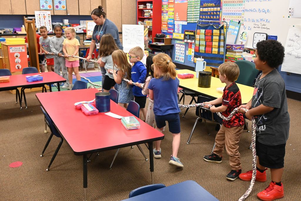Students played tug-of-war as they learned about pulling.