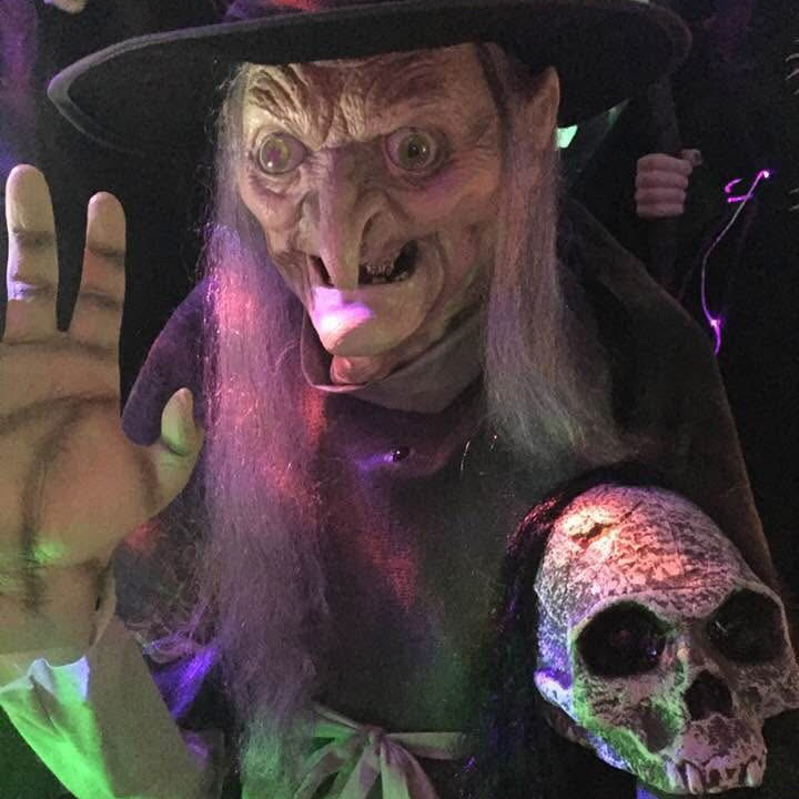 An animatronic witch and skeleton head. 