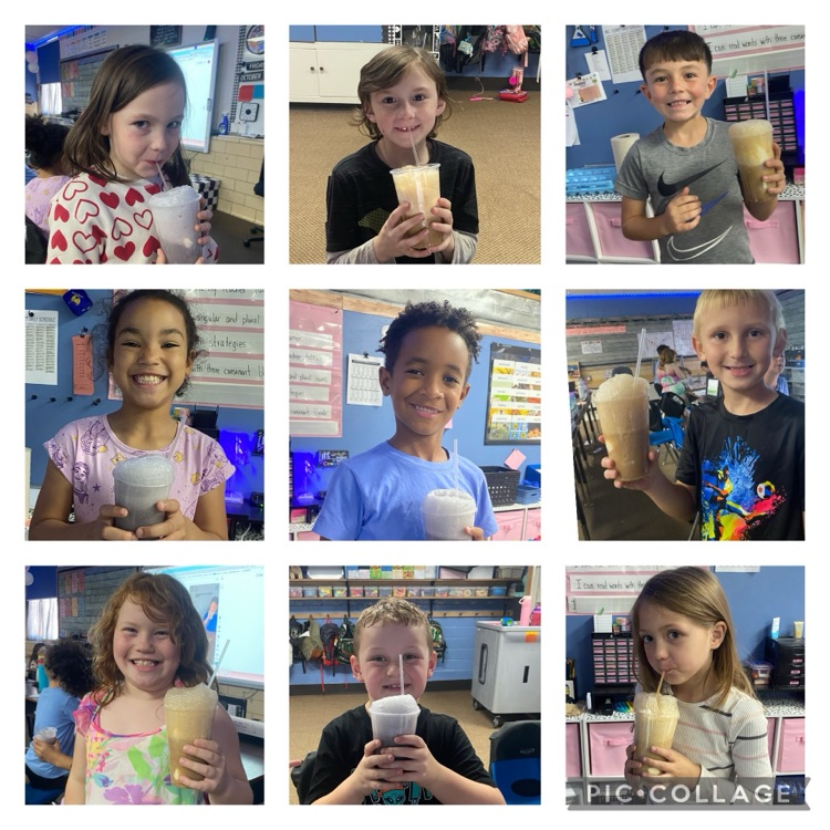 A photo collage with multiple students drinking ice cream floats