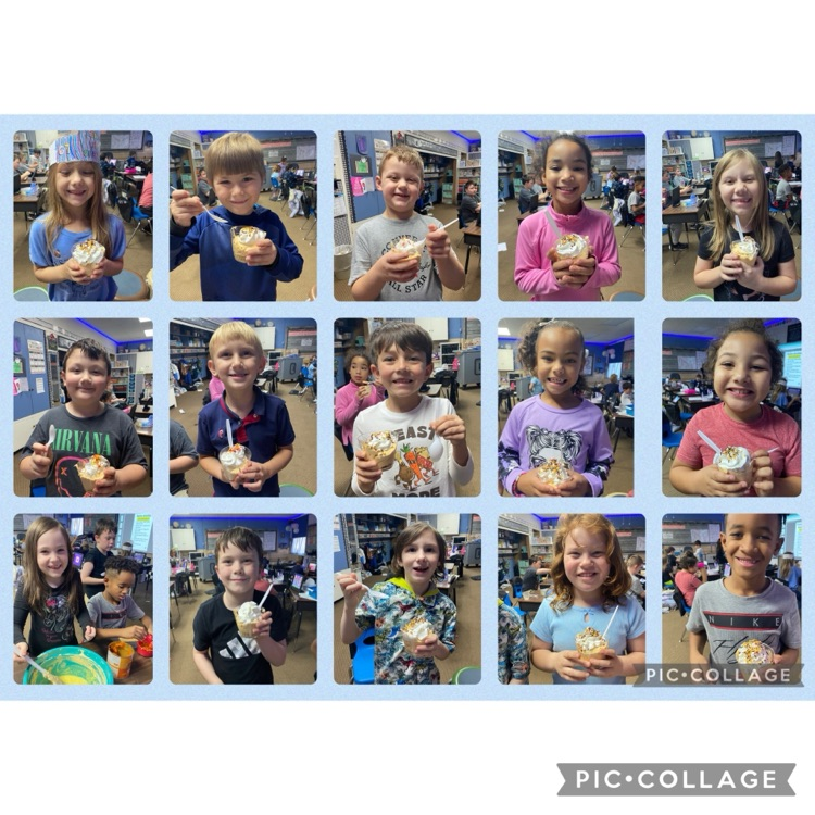 a collage of students enjoying a dessert. 