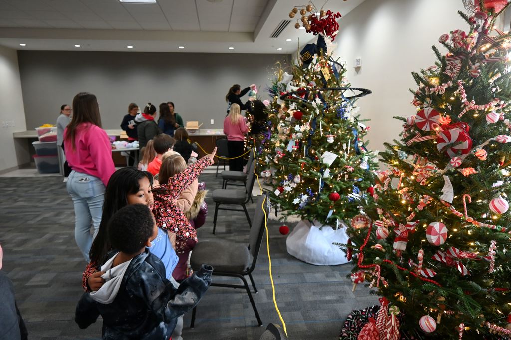 Lincoln students and teachers check out the Stella Wells Christmas trees.