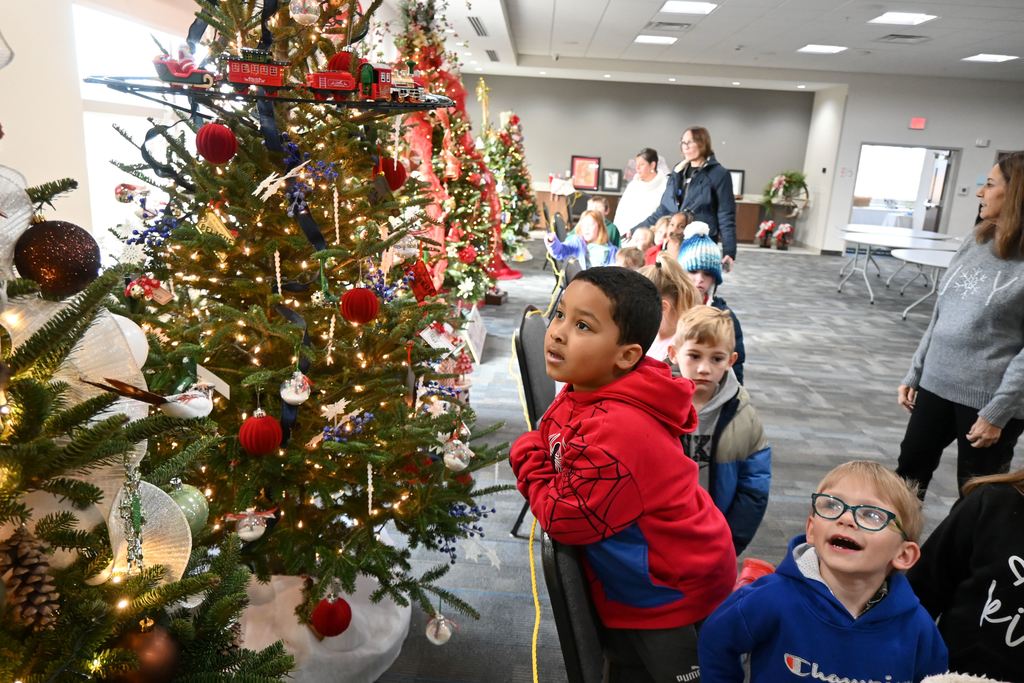 Lincoln students and teachers check out the Stella Wells Christmas trees.
