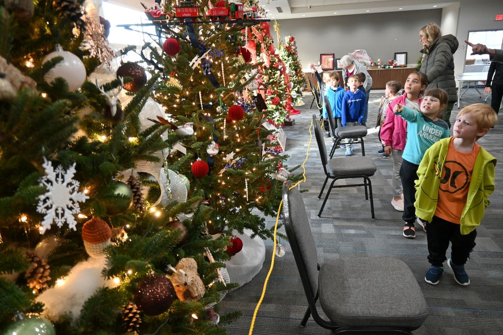 Lincoln students and teachers check out the Stella Wells Christmas trees.