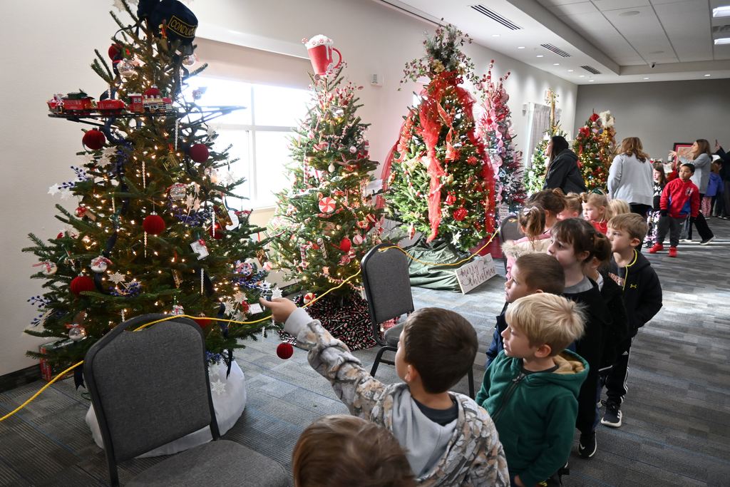 Lincoln students and teachers check out the Stella Wells Christmas trees.