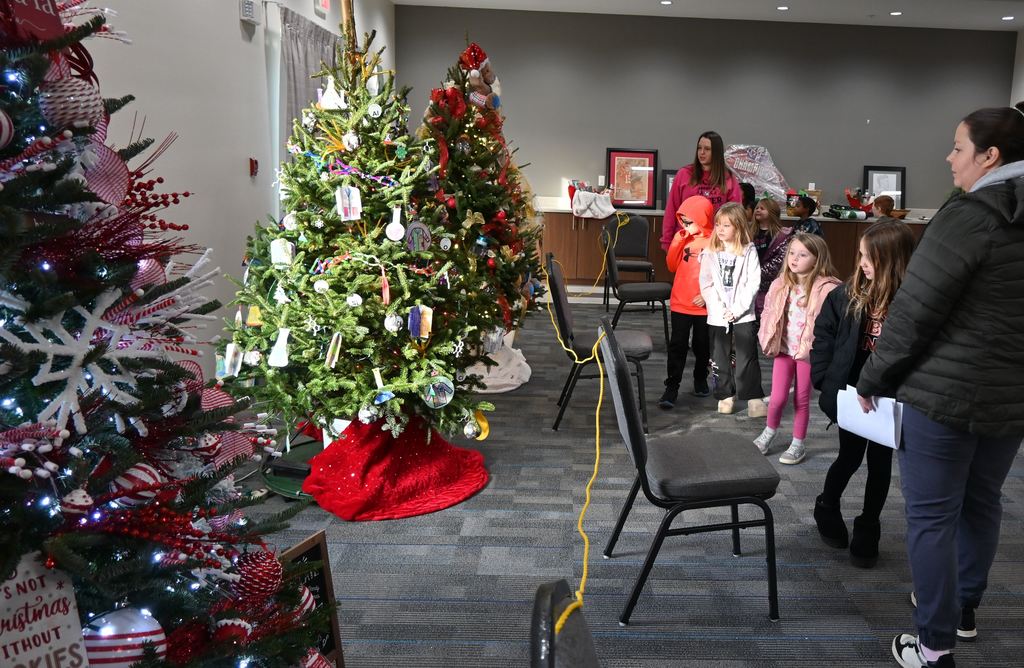 Lincoln students and teachers check out the Stella Wells Christmas trees.