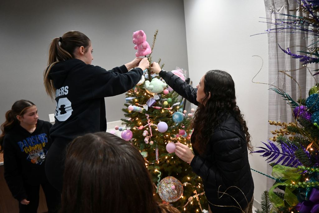 Lincoln students and teachers check out the Stella Wells Christmas trees.