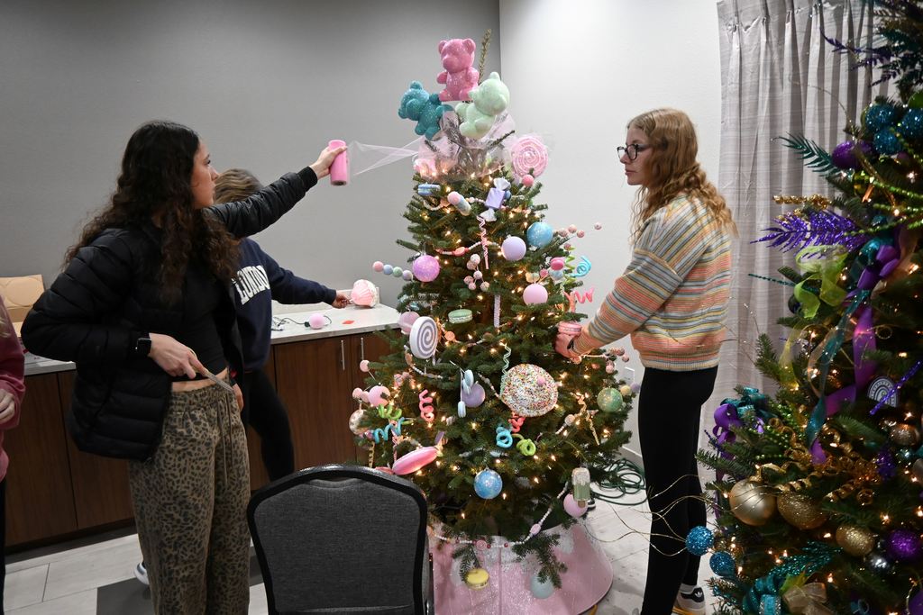 Lincoln students and teachers check out the Stella Wells Christmas trees.