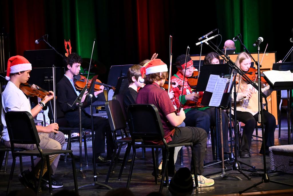 Orchestra students perform on stage.