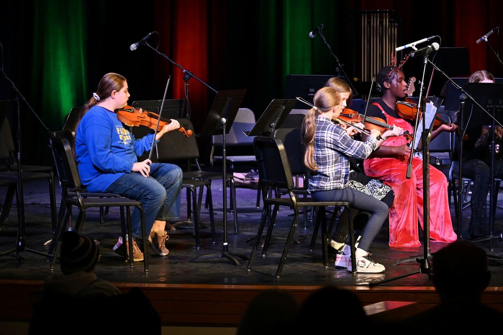 Orchestra students perform on stage.