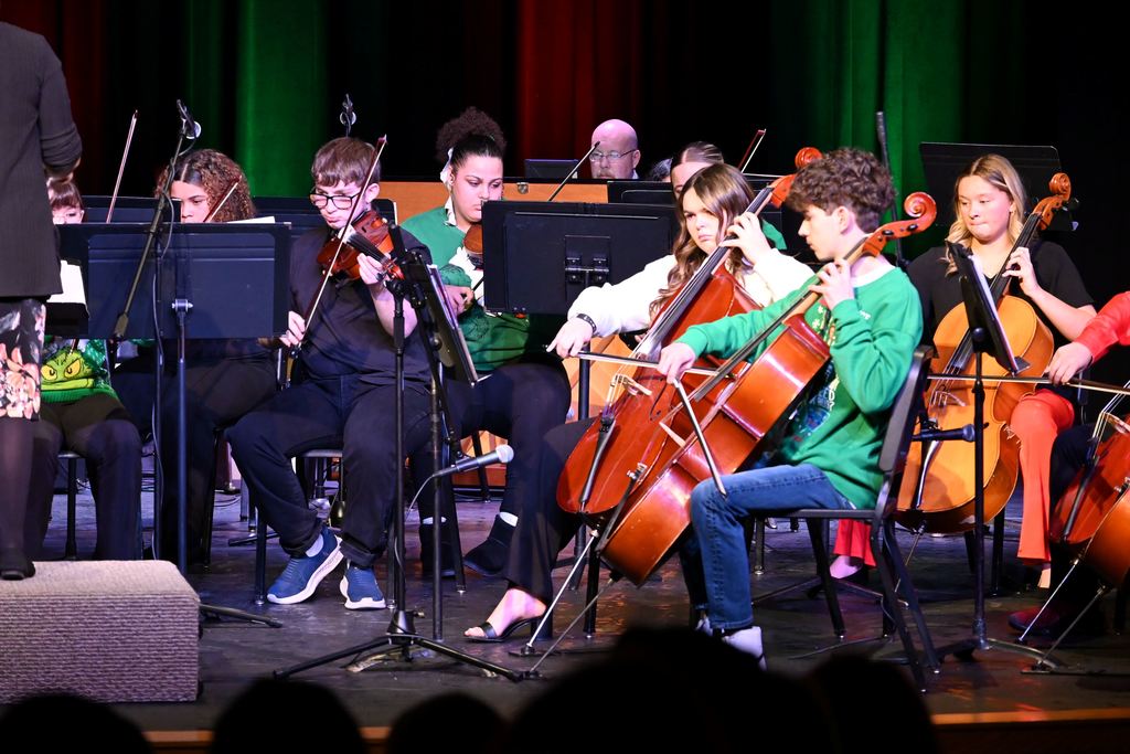 Orchestra students perform on stage.