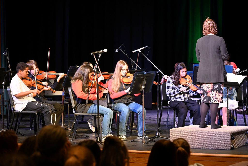 Orchestra students perform on stage.
