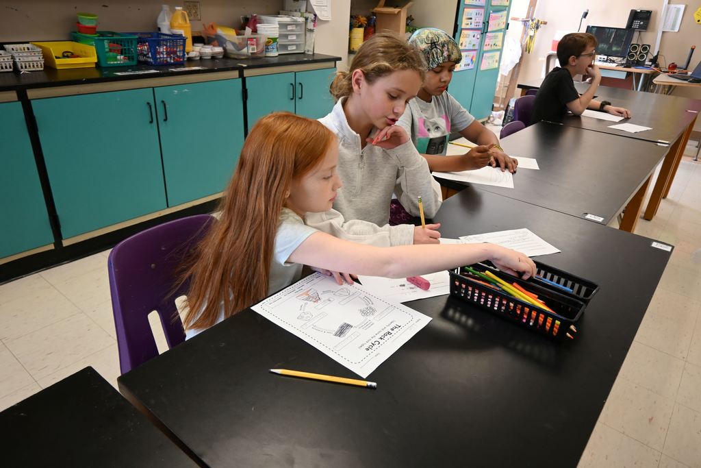 Students complete their worksheets on the rock cycle and how earths materials are constatly changing.