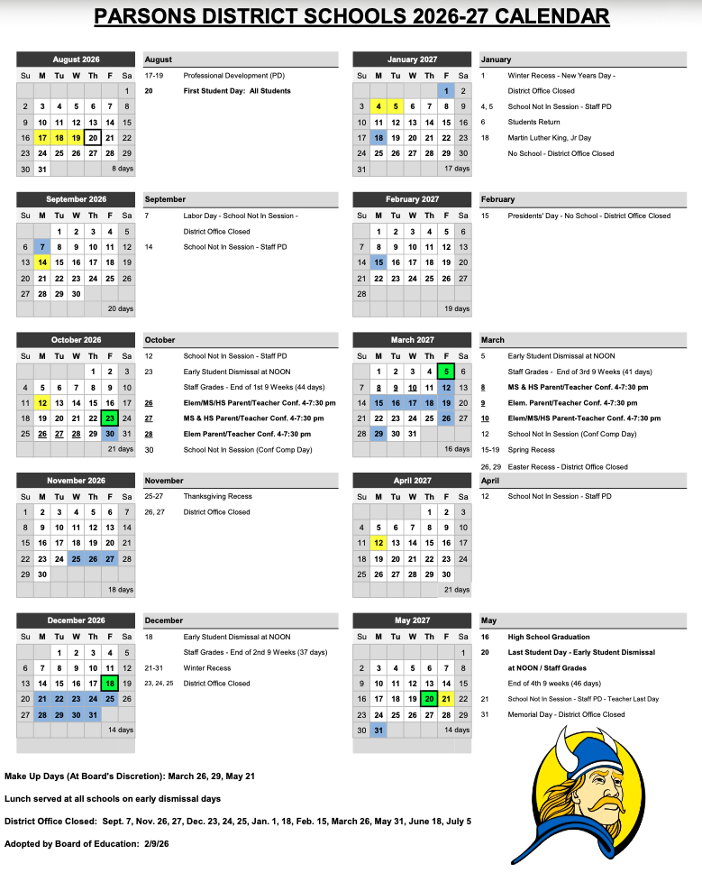 USD 503 District Calendar for 2026-2027