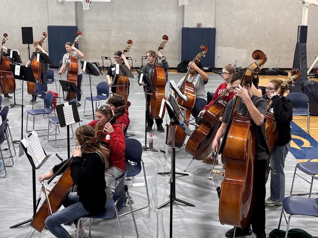 Students play basses and cellos.
