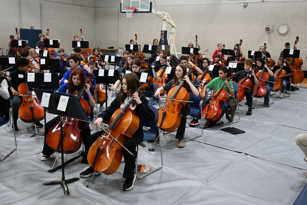 Cellos and basses play.