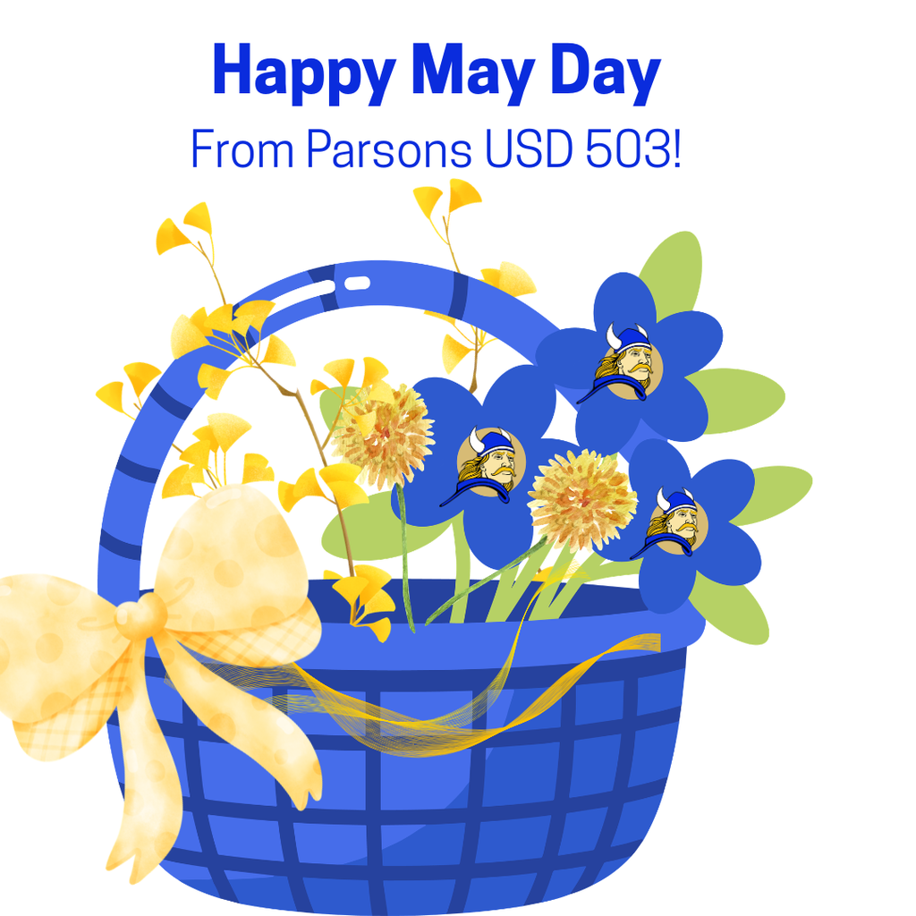 A poster with a bsket of flowers wishing people Happy May Day From Parsons USD 503.