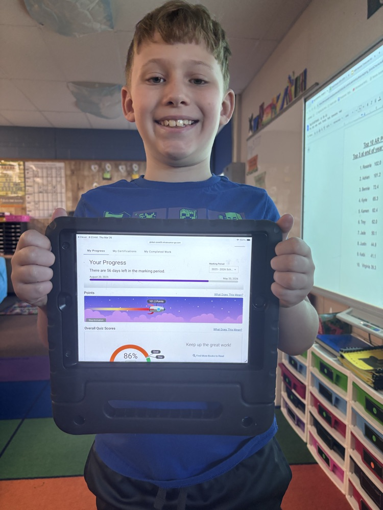 He has reached 100 AR points. Way to go!!! Keep up the great work.