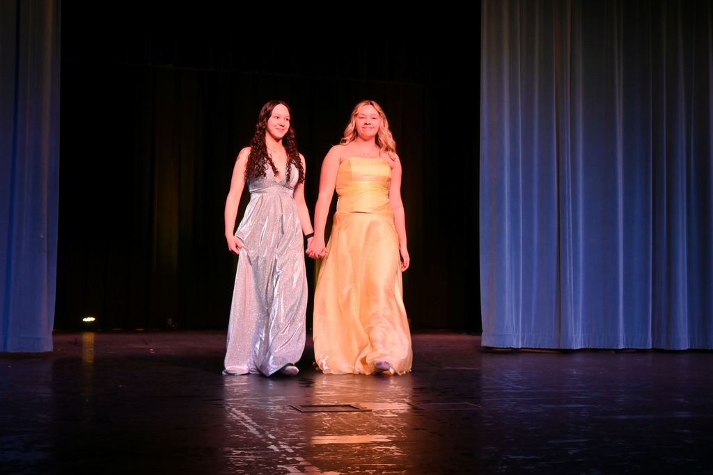 Two girls model prom dresses..