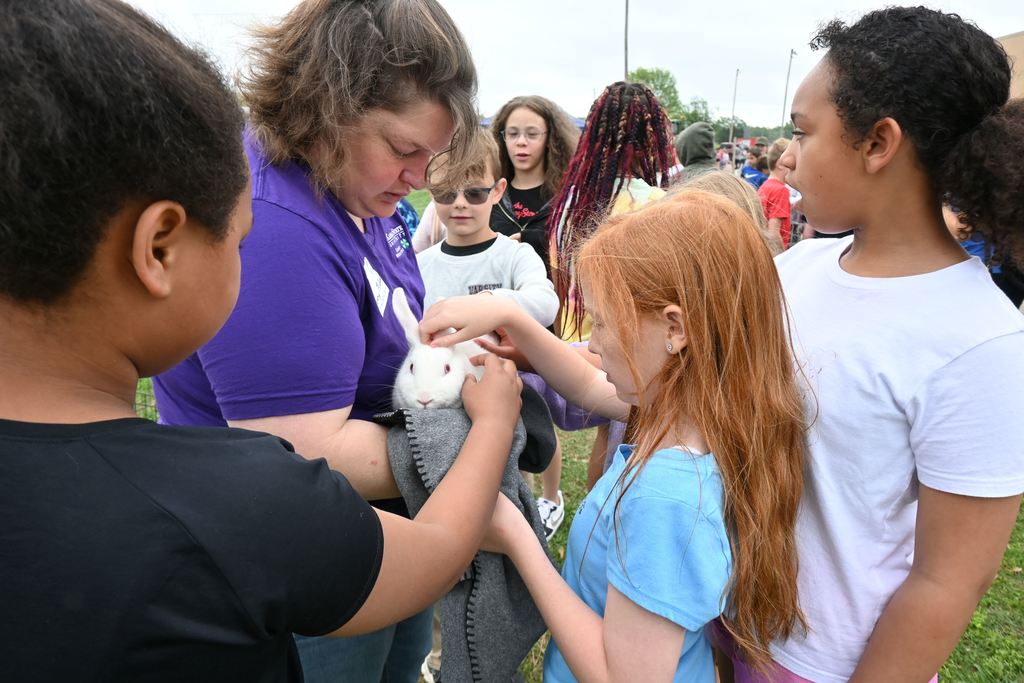 Three students pet a white rabbit being held by its owner.