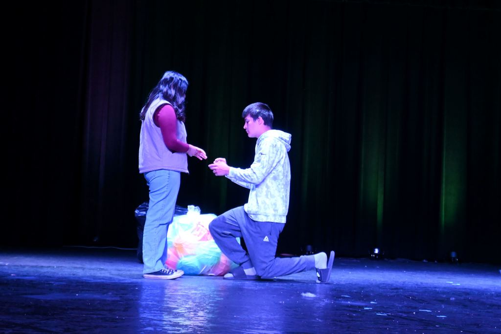A man gets on one knee to put a ring on a girls finger.