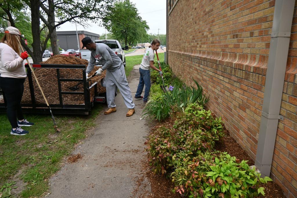 A student and two adults work on mulching a flower bed.