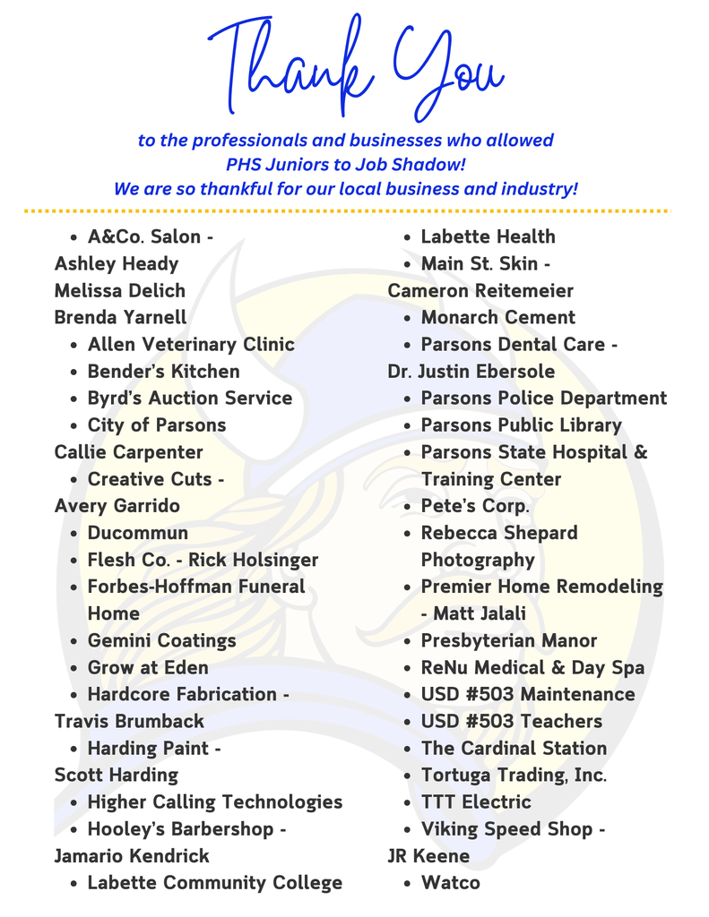 Thank you to sponsors who allowed job shadowing