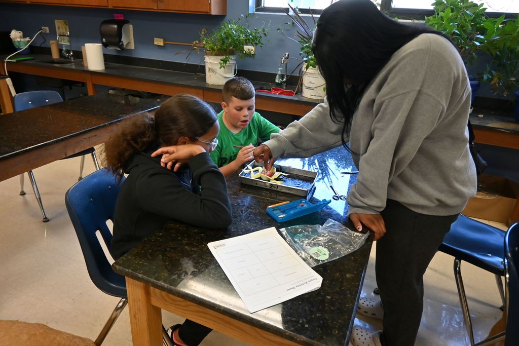 A CNA helps two students dissect a frog.