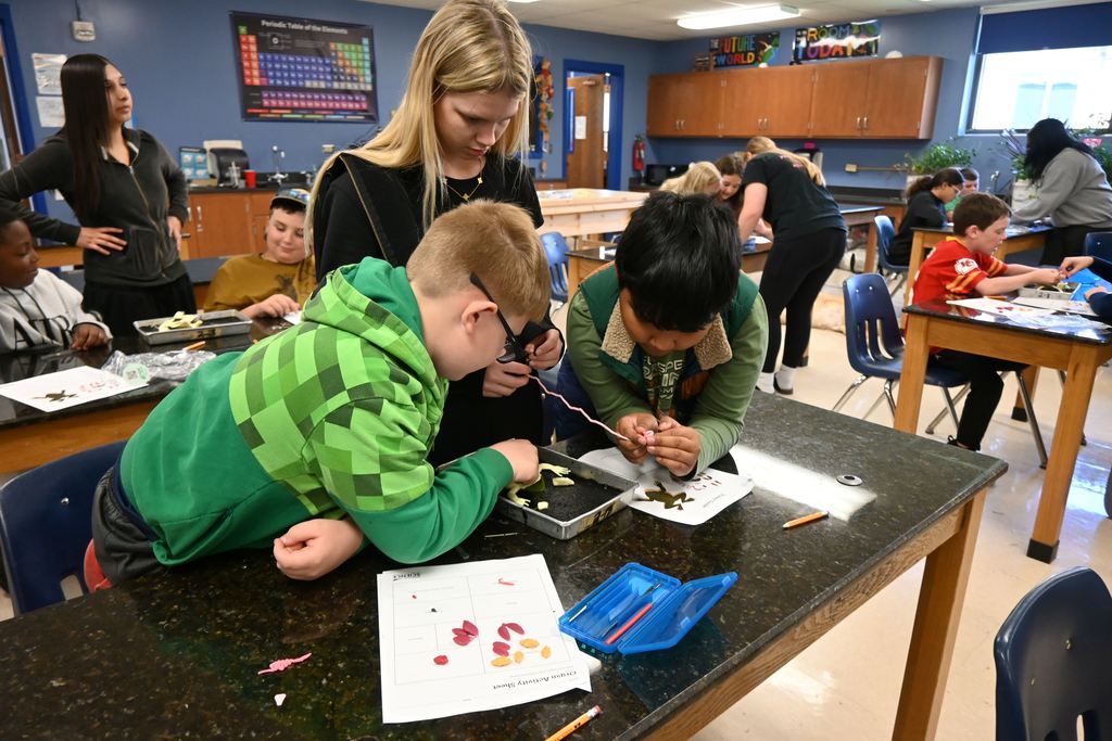 A CNA helps two young  boys dissect a frog.