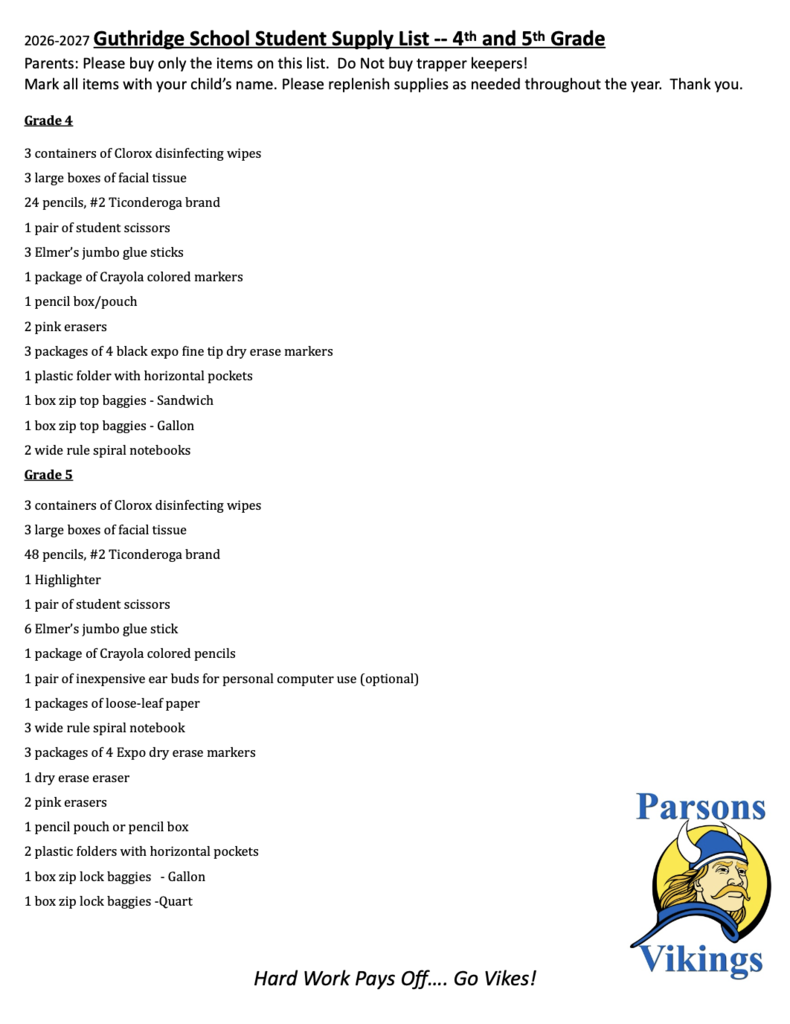 2026-27 Guthridge School Supply List
