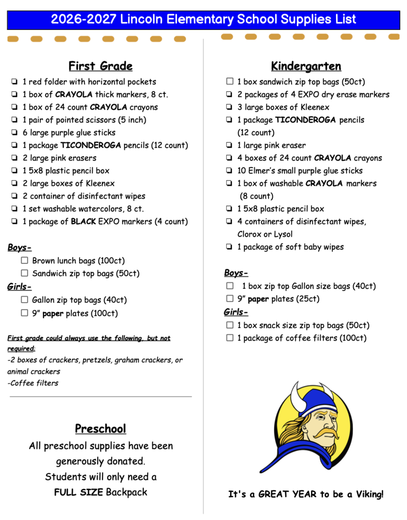 2026-27 Lincoln School Supply List