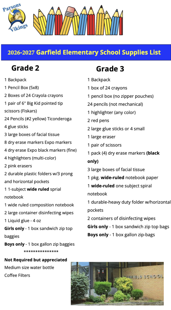 Garfield School Supply List 2026-27