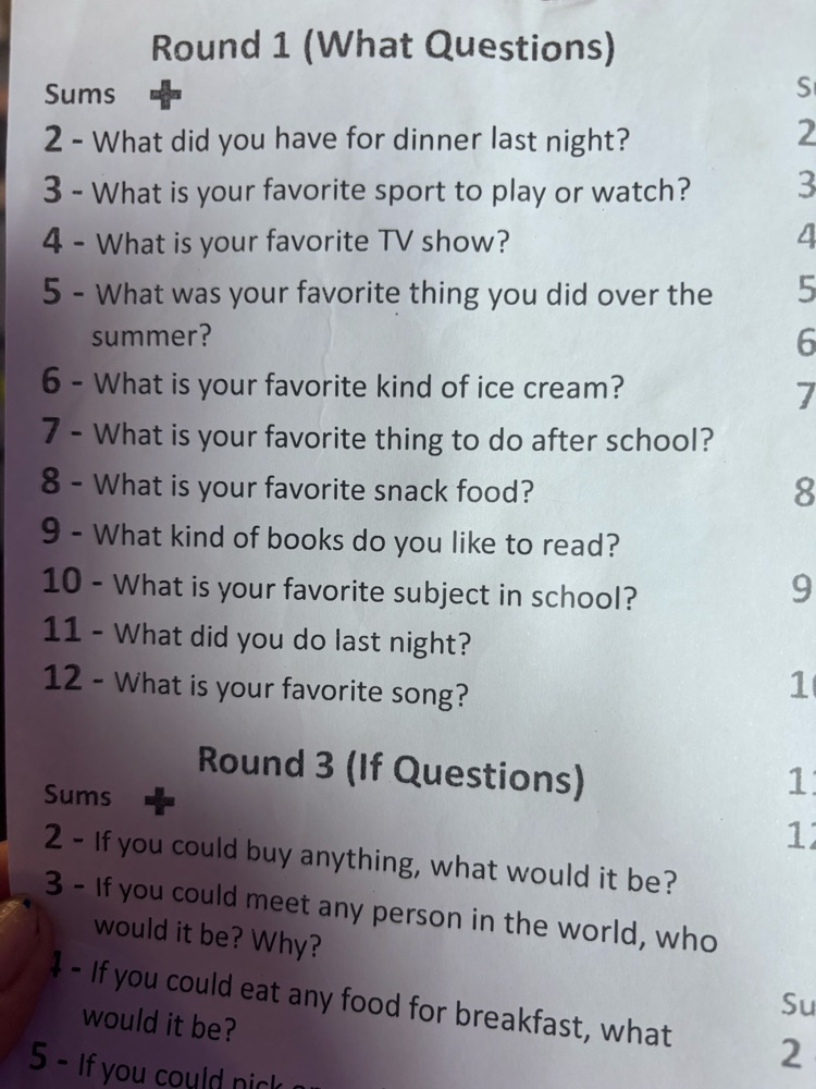 round one questions and there was four rounds of different questions 
