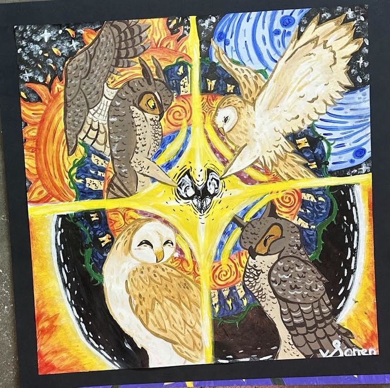 A pciture of owls painted by a student.