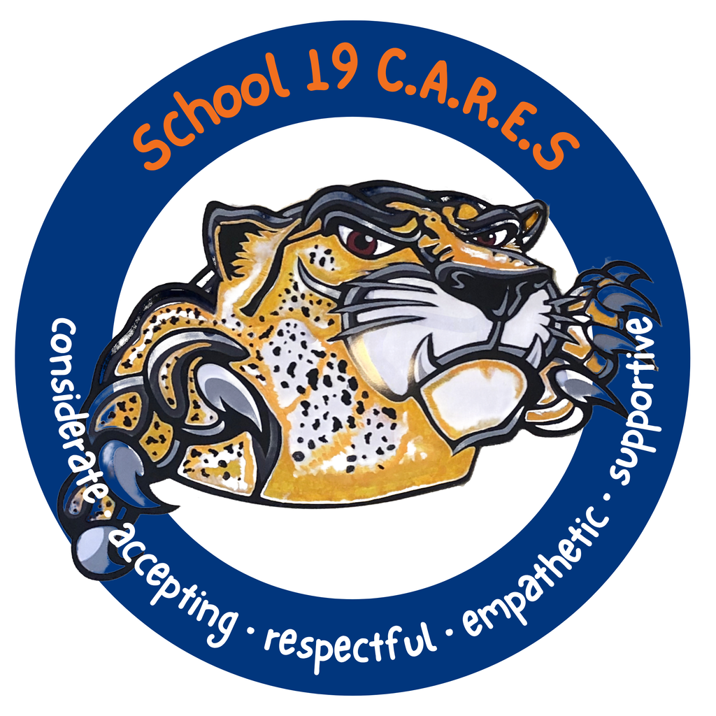 School 19 C.A.R.E.S. logo featuring a cheetah mascot surrounded by the words considerate, accepting, respectful, empathetic, and positive.