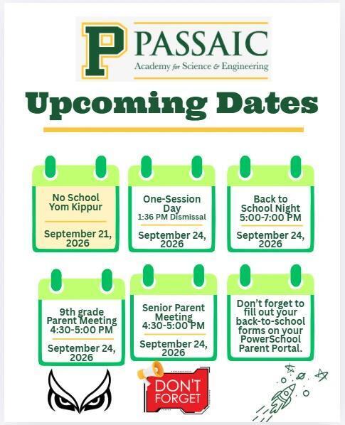 A calendar of upcoming dates. No school Sept 21. BTSN Sept 24