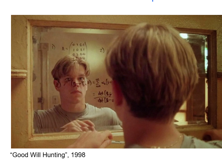 "Good Will Hunting", 1998, Blonde Boy Looking in Mirror Doing Math Equations using a Dry Erase Marker on the Mirror