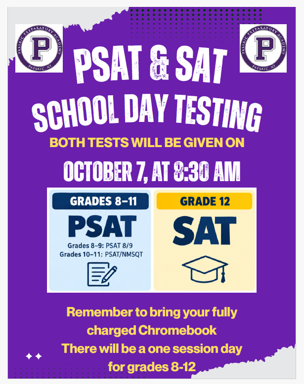 PSAT & SAT School Day Testing Both Tests Will Be Given On Grades 8-11 PSAT Grades 8-9 and Grades 10-11 PSAT/NMSQT Grade 12 SAT Remember to bring your fully charged Chromebook There will be a one session day for grades 8-12