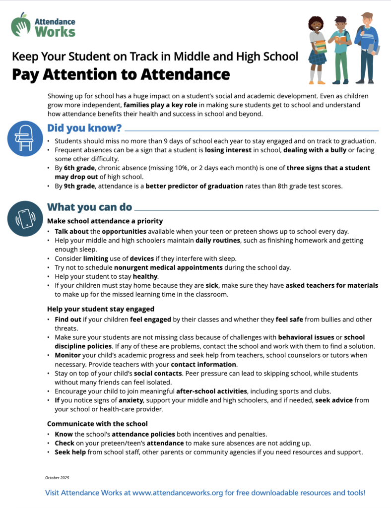 Flyer on school attendance: why missing more than 9 days a year hurts students, with tips for families on routines, engagement, and talking with the school.   Folleto sobre la asistencia escolar: por qué faltar más de 9 días al año perjudica a los estudiantes, con consejos para las familias sobre rutinas, participación y comunicación con la escuela.