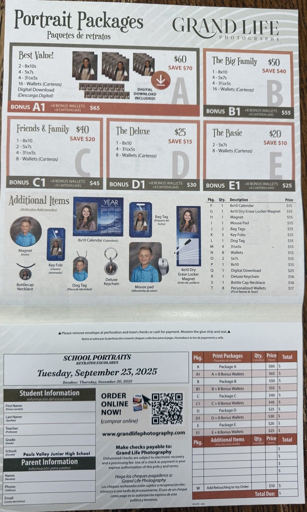 School portrait order form showing package options, prices, add-ons, and student info section for Pauls Valley Junior High.
