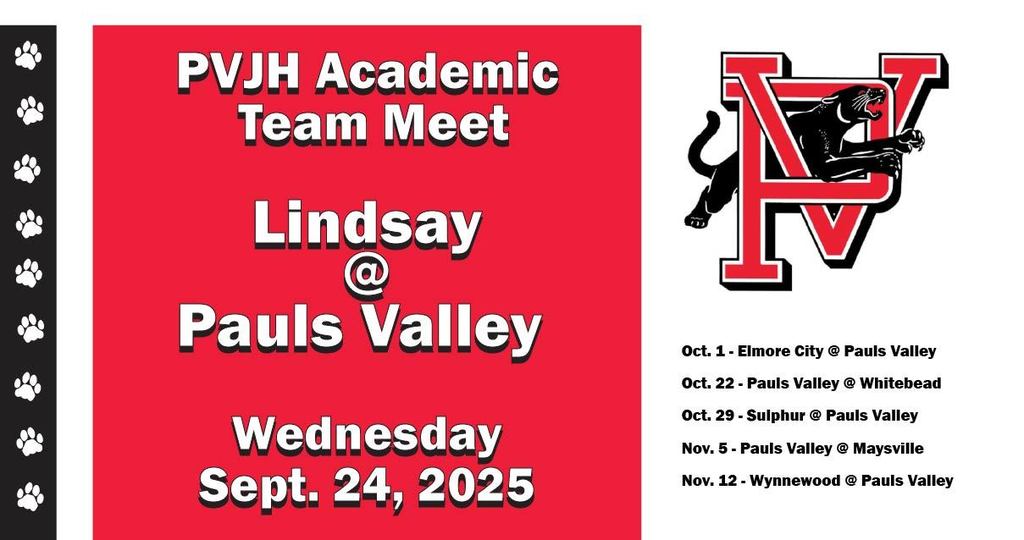 PVJH Academic Team Meet: Lindsay at Pauls Valley, Sept. 24, 2025, with schedule of fall meets.