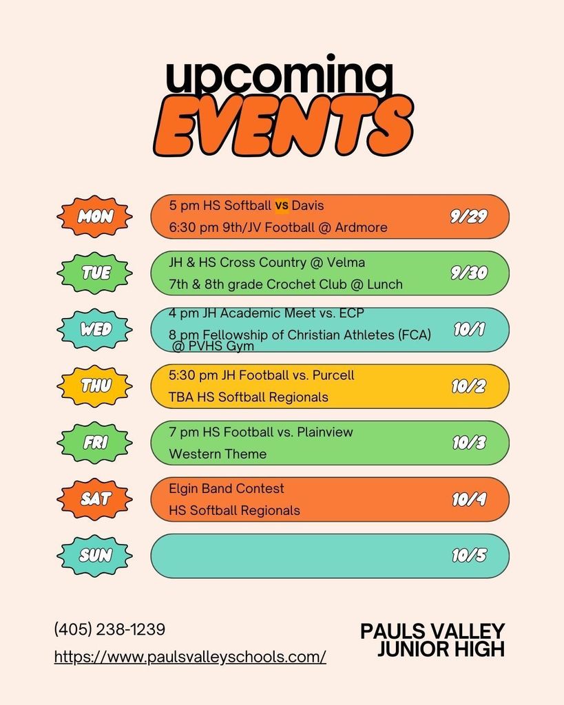**Alt text:** A weekly event schedule for Pauls Valley Junior High from September 29 to October 5. It lists school sports events, club meetings, and contests, including HS Softball vs Davis on Monday, JH & HS Cross Country at Velma on Tuesday, a JH Academic Meet on Wednesday, JH Football vs Purcell on Thursday, and HS Football vs Plainview on Friday. Events continue with the Elgin Band Contest and HS Softball Regionals on Saturday. Sunday has no scheduled events. Contact and website info are provided at the bottom.