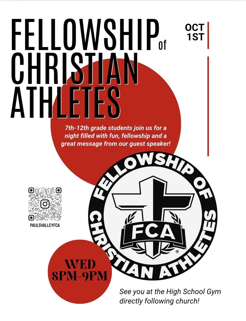 Promotional flyer for a Fellowship of Christian Athletes (FCA) event on October 1st from 8–9 PM at the high school gym for 7th–12th grade students.