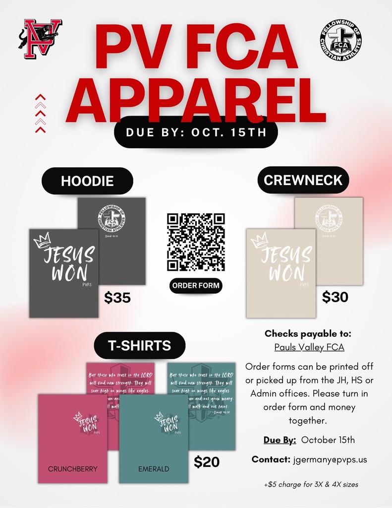 Order form flyer for PV FCA apparel, including hoodies, crewnecks, and t-shirts with the “Jesus Won” design, due by October 15th.