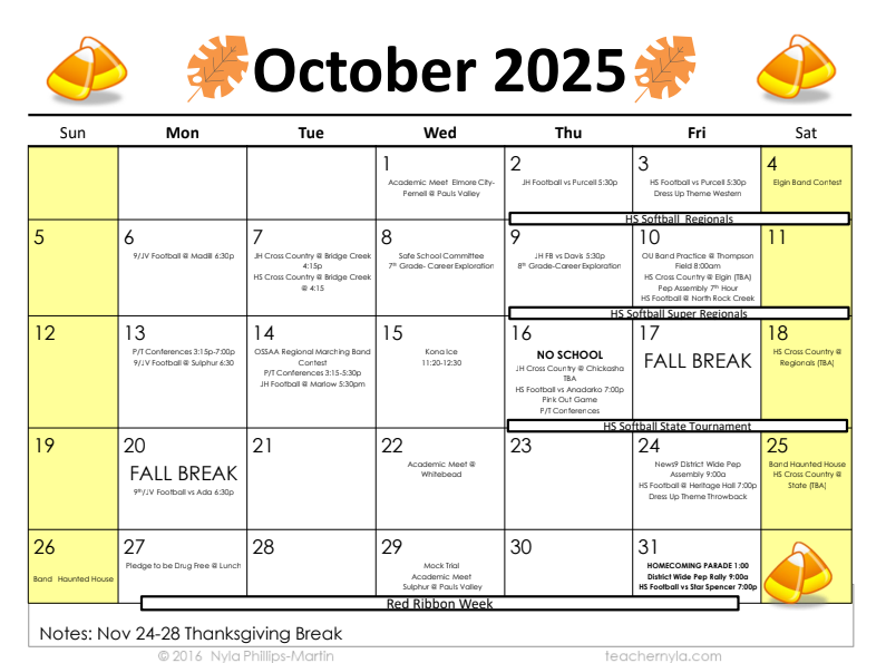 October 2025 school calendar showing academic meets, football games, cross country, band contests, softball tournaments, parent-teacher conferences, and fall break dates. Key highlights include Fall Break from October 16–20, Red Ribbon Week October 27–31, and the Homecoming Parade on October 31. The calendar uses orange and yellow fall-themed graphics and candy corn icons for decoration.