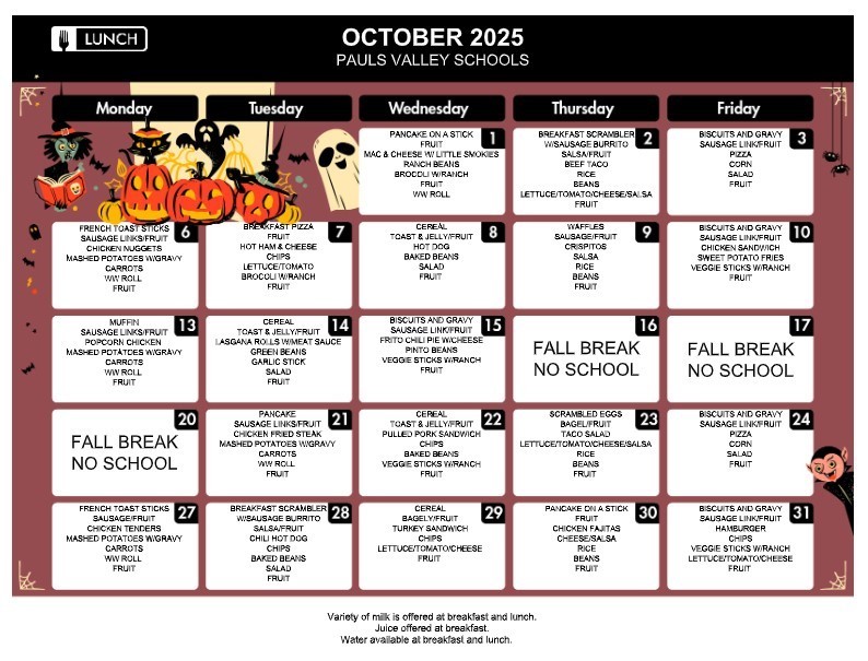 October 2025 Pauls Valley Schools lunch menu with Halloween-themed decorations including pumpkins, ghosts, and bats. Each weekday lists breakfast and lunch options such as pancakes, biscuits and gravy, sausage links, pizza, chicken nuggets, tacos, and salads. Fall Break is noted from October 16–20 with no school. The bottom states that milk, juice, and water are available at meals.
