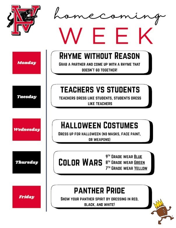 Pauls Valley Junior High Homecoming Week poster with themed dress-up days. Monday: Rhyme Without Reason – grab a partner and wear outfits that rhyme but don’t match. Tuesday: Teachers vs Students – teachers dress like students, students dress like teachers. Wednesday: Halloween Costumes – dress up, no masks, face paint, or weapons. Thursday: Color Wars – 9th grade wears blue, 8th grade wears green, 7th grade wears yellow. Friday: Panther Pride – wear red, black, and white to show school spirit. The poster features the PV panther logo and a cartoon football wearing a crown.