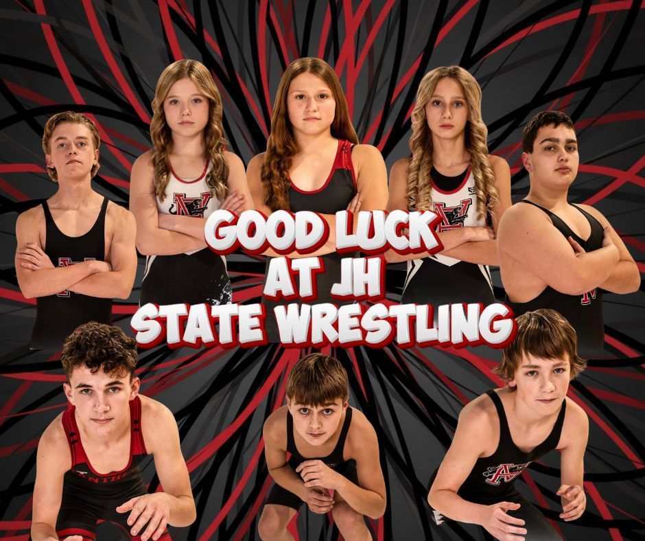 A bold team graphic featuring nine junior high wrestlers wearing black, red, and white singlets with folded arms or ready stances, arranged around the words “Good Luck at JH State Wrestling.” The background is black with dynamic red and gray streaks, giving a high-energy, competitive feel.